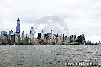 New York, USA - One world trade center Building, observation tower Manhattan New York skyline skyscraper from ferry Editorial Stock Photo