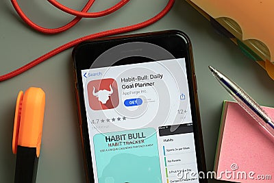 New York, USA - 29 September 2020: Habit-Bull Habit Bull Daily Goal Planner mobile app logo on phone screen close up, Illustrative Editorial Stock Photo
