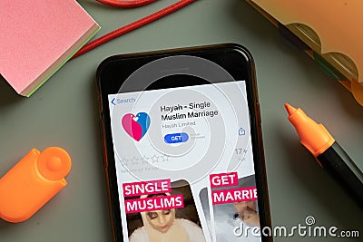 New York, USA - 29 September 2020: Hayah Single Muslim Marriage mobile app logo on phone screen close up, Illustrative Editorial Editorial Stock Photo
