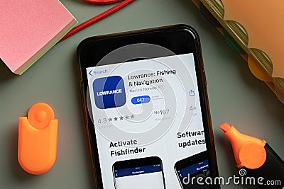 New York, USA - 29 September 2020: Lowrance Fishing Navigation mobile app logo on phone screen close up, Illustrative Editorial Editorial Stock Photo