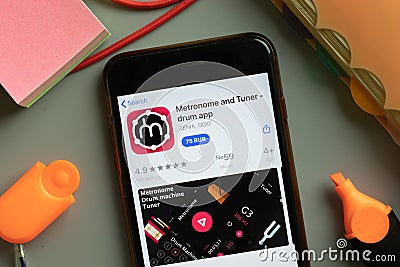 New York, USA - 29 September 2020: Metronome and tuner drum mobile app logo on phone screen close up, Illustrative Editorial Editorial Stock Photo