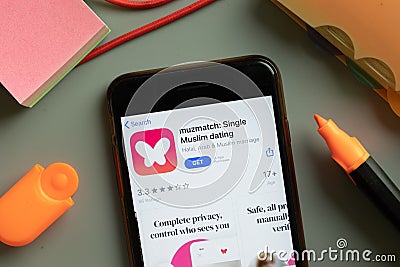 New York, USA - 29 September 2020: muzmatch Single Muslim Dating mobile app logo on phone screen close up, Illustrative Editorial Editorial Stock Photo