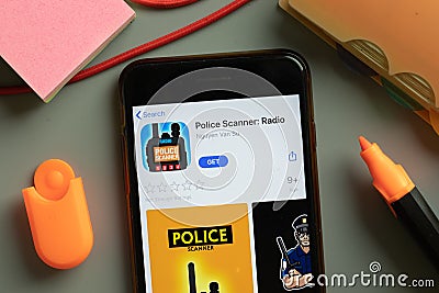 New York, USA - 29 September 2020: Police Scanner Radio mobile app logo on phone screen close up, Illustrative Editorial Editorial Stock Photo