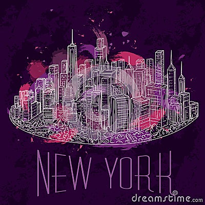 New York. Vintage colorful hand drawn night city landscape. Vector illustration Vector Illustration