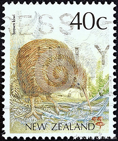NEW ZEALAND - CIRCA 1988: A stamp printed in New Zealand shows a Brown kiwi Apteryx mantelli, circa 1988. Editorial Stock Photo