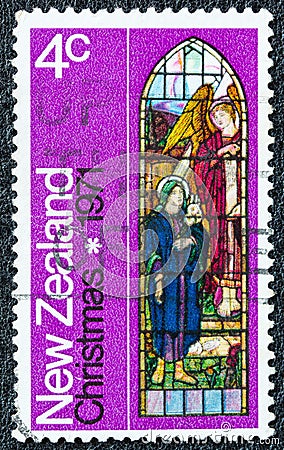 NEW ZEALAND - CIRCA 1971: A stamp printed in New Zealand shows `Annunciation` Stained Glass Window from St Luke`s, Havelock North Editorial Stock Photo