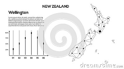 New Zealand communication network map. Vector image of a low poly global map with city lights. Map in the form of lines and dots Vector Illustration