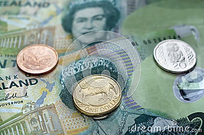 New Zealand Currency Dollar Notes and Coins Money Editorial Stock Photo