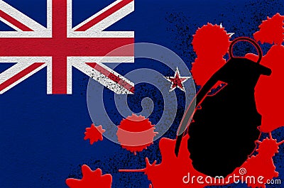 New Zealand flag and MK2 frag grenade in red blood. Concept for terror attack or military operations with lethal outcome Stock Photo