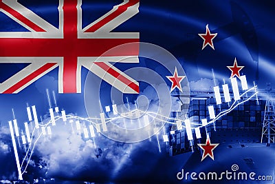 New Zealand flag, stock market, exchange economy and Trade, oil production, container ship in export and import business and Stock Photo