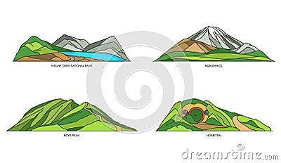 New Zealand landmarks, parks and mountains set Vector Illustration