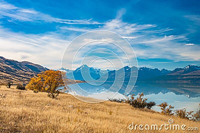 New Zealand. Mountain landscape including Aoraki Mt. Cook and Mt. Tasman of Southern Alps. Snowcapped mountains Stock Photo