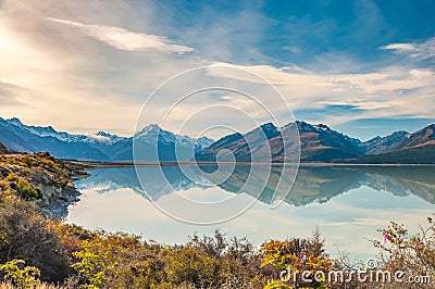 New Zealand. Mountain landscape including Aoraki Mt. Cook and Mt. Tasman of Southern Alps. Snowcapped mountains Stock Photo