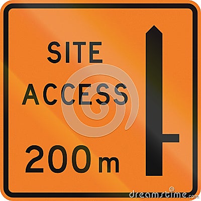 New Zealand road sign - Works site access 200 metres ahead on right Stock Photo