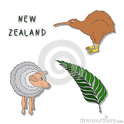New Zealand symbols. Set of cartoon colored icons Kiwi bird, a sheep, a silver fern branch. Vector illustration drawn by Vector Illustration