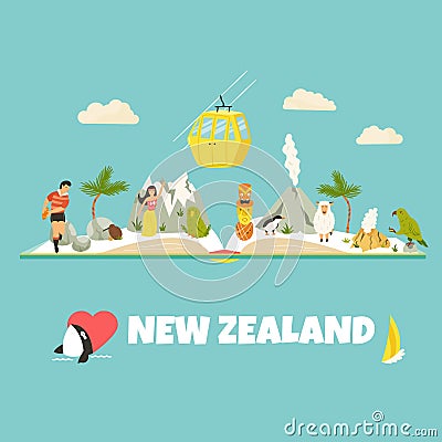 New Zealand vector poster with symbols, landmarks Vector Illustration