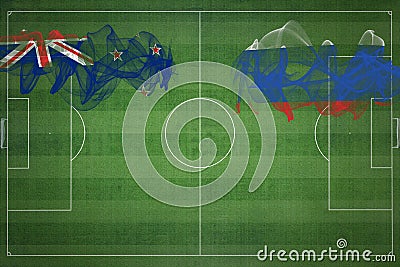 New Zealand vs Russia Soccer Match, national colors, national flags, soccer field, football game, Copy space Stock Photo