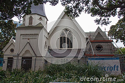 Old St Paul`s entrance under reconstruction, Wellington, New Zealand Editorial Stock Photo