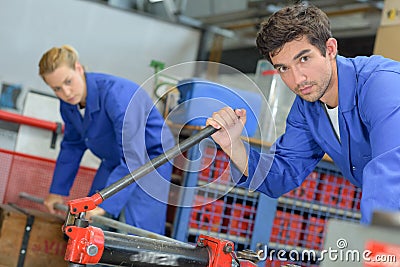 Newbies first day at factory Stock Photo