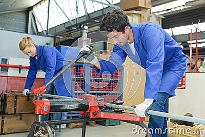 Newbies first day at factory Stock Photo