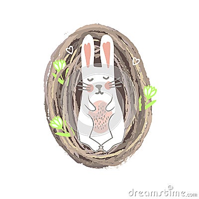 Newbor Easter Bunny Lying in th Nest. Spring or Nursery Print Vector Illustration