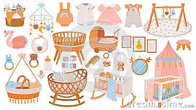 Newborn accessories. Nursery room interior elements, furniture and decor. Cradles, toys and baby dress and clothes in Vector Illustration