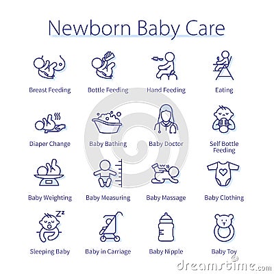 Newborn babies care, infant, diaper, doctor, toys Vector Illustration