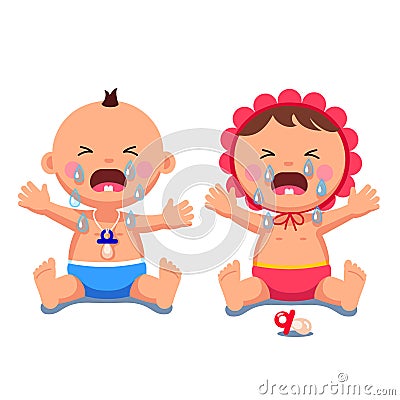 Newborn babies girl, boy crying shedding big tears Vector Illustration