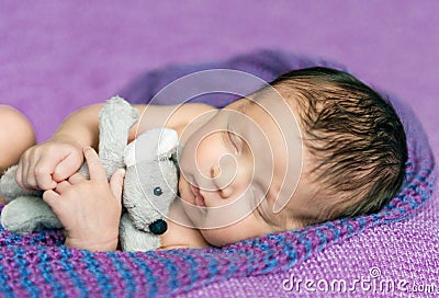 Newborn baby asleep on a purple blanket Stock Photo