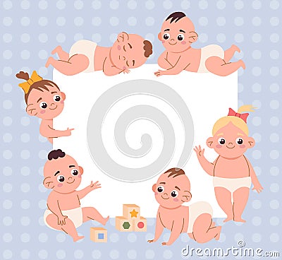 Newborn baby background. Little kids blank banner. Square frame with funny children in diapers. Toddlers actions. Infant Vector Illustration