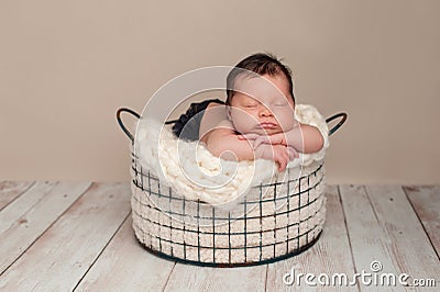 Newborn Baby Boy Sleeping in a Wire Basket Stock Photo