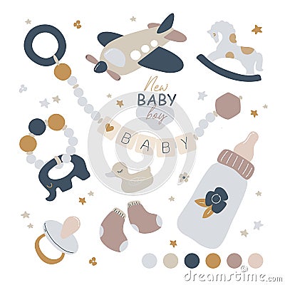 Newborn baby care accessories and items set. Teether, Rattle, and Pacifier Clip, bottle, wooden toys. Vector Illustration