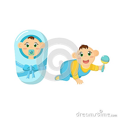 Newborn baby, children, in diaper with pacifier, crawling with rattle. Vector Illustration