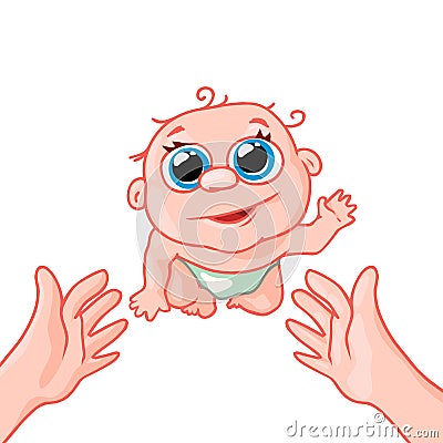 Newborn baby crawling to his mother on the handle Vector Illustration