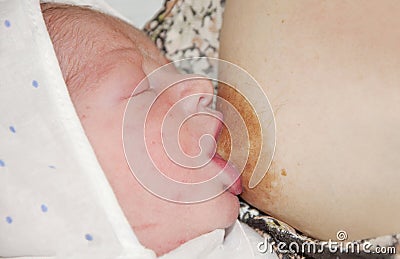 Newborn baby eats mom`s milk for the first time concept of natural feeding Stock Photo