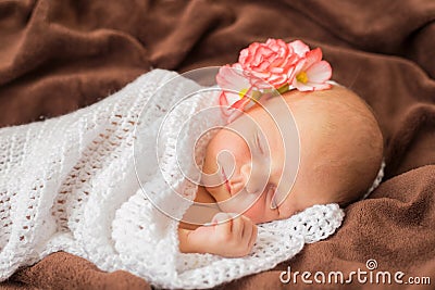 Newborn baby with flower sleeping Stock Photo