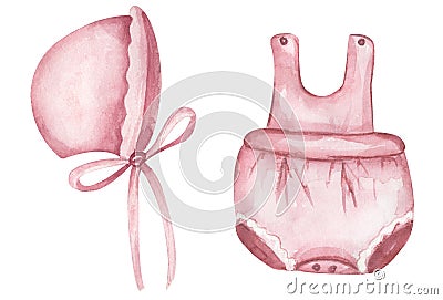 Newborn Baby Girl clipart set. Accessories for a newborn in pink for baby girl. Watercolor hand drawn children cloths Stock Photo