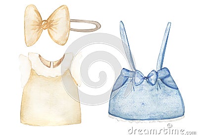 Newborn Baby Girl clipart set. Accessories for a newborn for baby girl. Watercolor hand drawn children cloths Stock Photo