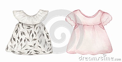 Newborn Baby Girl cute dress clipart set. Accessories for a newborn in gray and pink for baby girl. Watercolor hand drawn children Stock Photo
