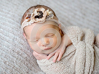 Newborn baby girl swaddled in wrap Stock Photo