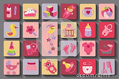 Newborn Baby girl set.Flat Icons with long shadow Vector Illustration