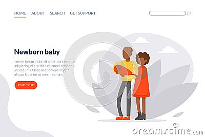 Newborn Baby Landing Page Template, Happy Family Couple Holding Little Baby Website, Mobile App Cartoon Vector Vector Illustration