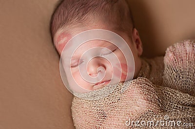 Newborn Baby with Lipstick Kisses on Face Stock Photo