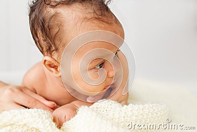 Newborn baby lying on belly portrait, free space Stock Photo