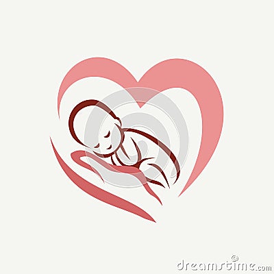 Newborn baby lying on the hand symbol Vector Illustration