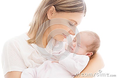 Newborn Baby and Mother, Mom with Sleeping New Born Kid on hands Stock Photo