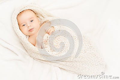 Newborn Baby, New Born Kid Swaddled in White Blanket, one month Stock Photo