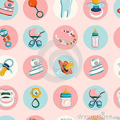 Newborn baby products seamless pattern. Round icon set in modern flat Style. Vector Illustration