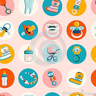 Newborn baby products seamless pattern. Round icon set in retro flat Style. Vector Illustration