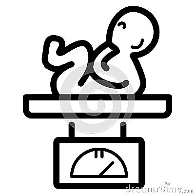 Newborn baby on scales vector icon. Black and white Baby`s weight llustration. Outline linear medical icon. Vector Illustration